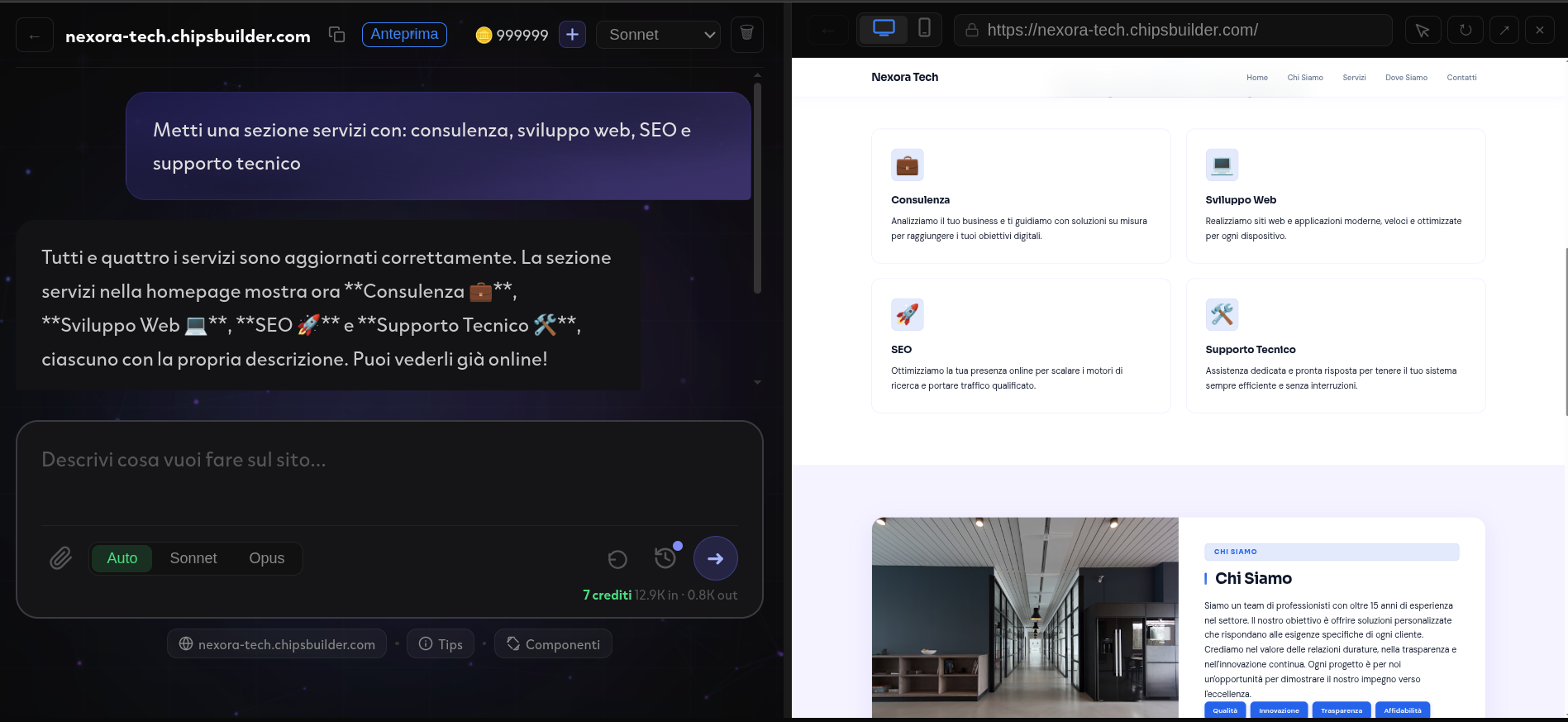 Chat AI che modifica un sito in tempo reale — esempio con sezione servizi
